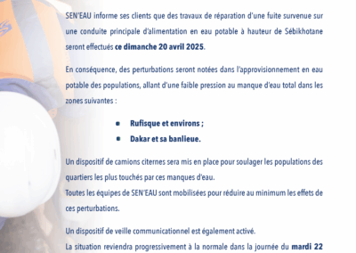 TRAVAUX DE REPARATION D’UNE FUITE SUR UNE CONDUITE PRINCIPALE D’ALIMENTATION EN EAU 19/04/2025
