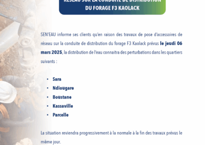 TRAVAUX DE POSE D’ACCESSOIRES DE RÉSEAU SUR LA CONDUITE DE DISTRIBUTION DU FORAGE F3 KAOLACK 04/03/2025