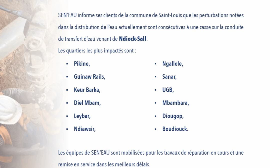 PERTURBATIONS DANS LA DISTRIBUTION D’EAU À SAINT-LOUIS VILLE 18/03/2025