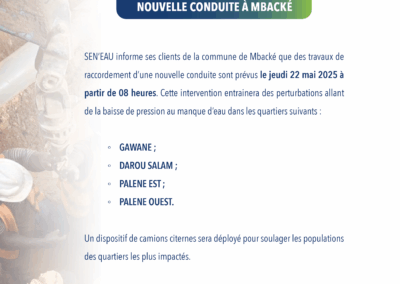 TRAVAUX DE RACCORDEMENT D’UNE NOUVELLE CONDUITE À MBACKÉ 21/05/2025
