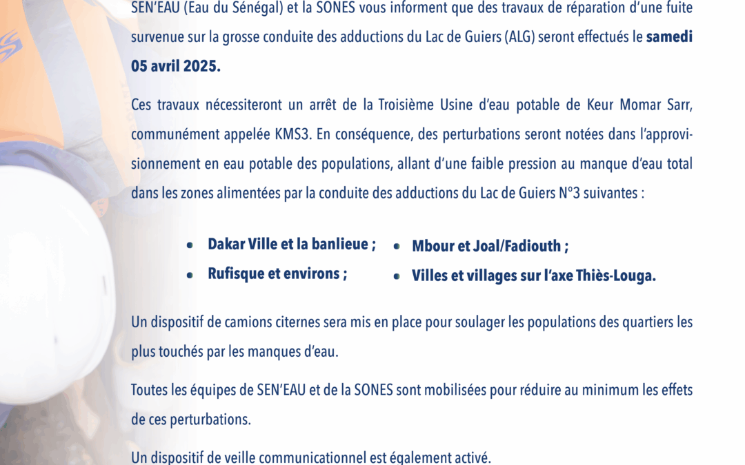 TRAVAUX DE REPARATION D’UNE FUITE SUR LA CONDUITE DES ADDUCTIONS ALG 3 03/04/2025