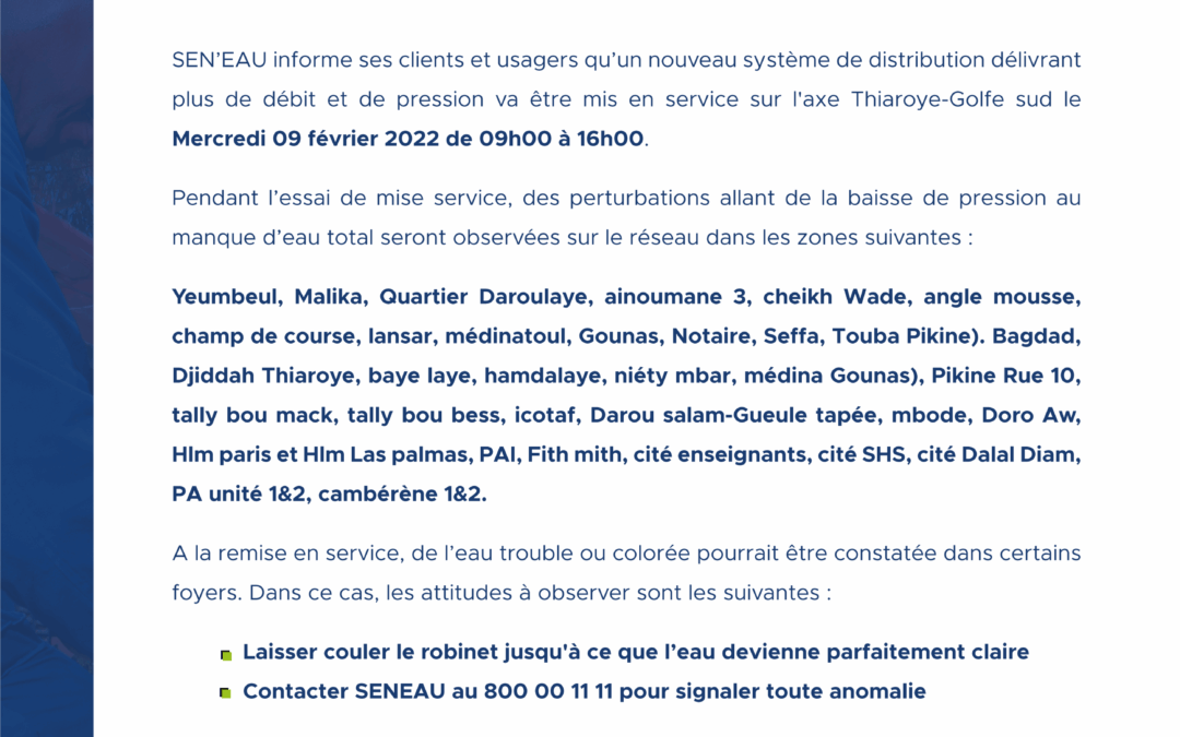 MISE EN SERVICE DU NOUVEAU SYSTÉME DE DISTRIBUTION DE L’USINE DE THIAROYE 09/02/2022