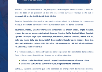 MISE EN SERVICE DU NOUVEAU SYSTÉME DE DISTRIBUTION DE L’USINE DE THIAROYE 09/02/2022