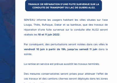 TRAVAUX DE REPARATION D’UNE FUITE SURVENUE SUR LA CONDUITE DE TRANSPORT DE L’ALG 2