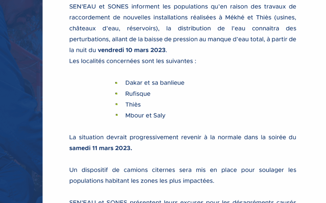 TRAVAUX DE RACCORDEMENTS DE NOUVELLES INSTALLATIONS À MÉKHÉ ET THIÉS 08/03/2023