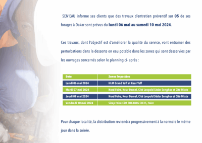 TRAVAUX D’ENTRETIEN DES FORAGES DE DAKAR 03/05/2024