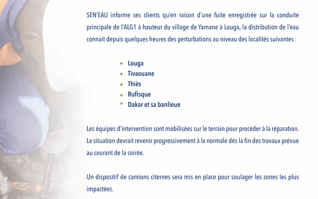 FUITE SUR LA CONDUITE PRINCIPALE DE L’ALG 1 26/05/2024