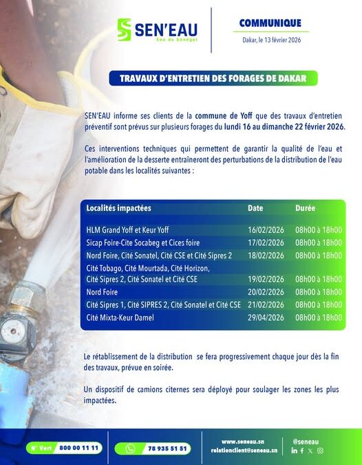TRAVAUX D&rsquo;ENTRETIEN DES FORAGES DE YOFF 13/02/26