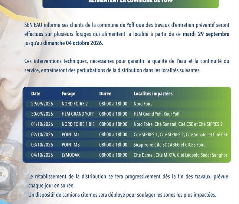 COMMUNIQUÉ TRAVAUX D’ENTRETIEN DES OUVRAGES DE PRODUCTION DE LA COMMUNE DE YOFF 28/09/26