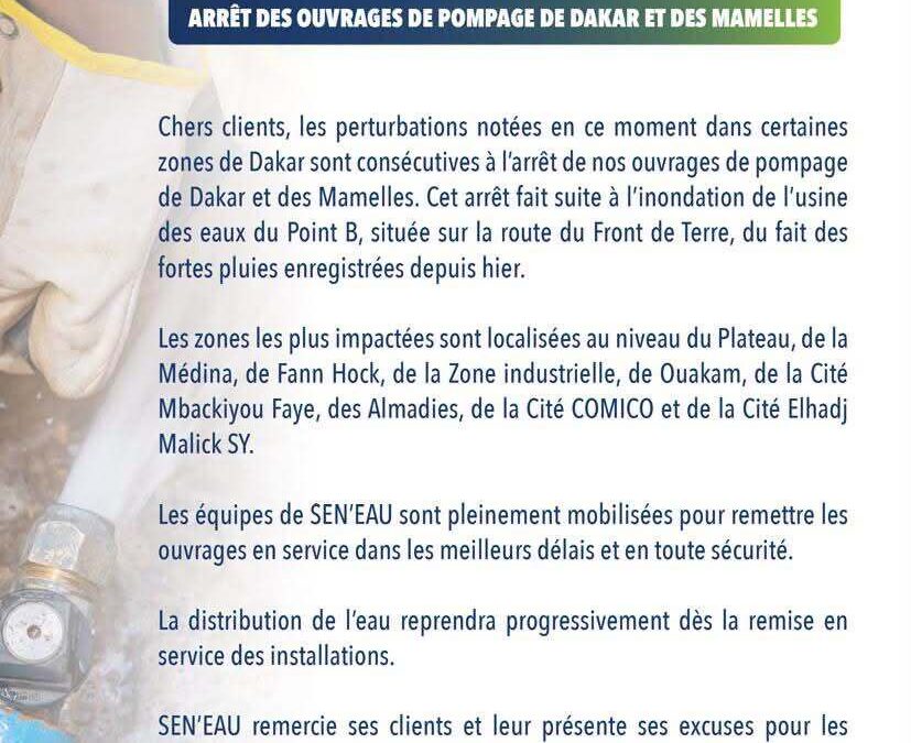 COMMUNIQUÉ SUR LES INTEMPÉRIES À DAKAR : ARRÊT DES OUVRAGES DE POMPAGE DE DAKAR ET DES MAMELLES 05/10/2026
